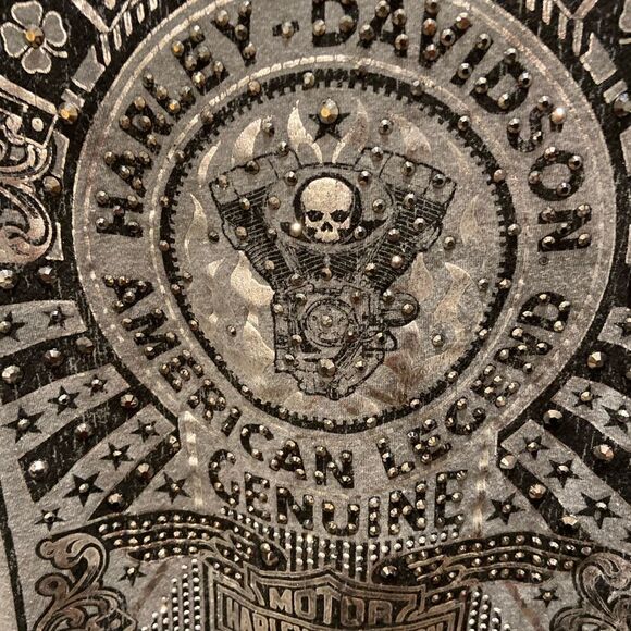 Harley Davidson Womens Long Sleeve Shirt Gray Silver BLING Logo SKULLS Pullover - Picture 4 of 10